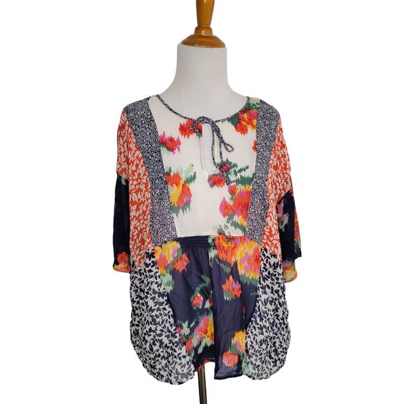 Joie Silk Patchwork Blouse Floral Boho Semi-Sheer Orange White Women Medium - Picture 1 of 11